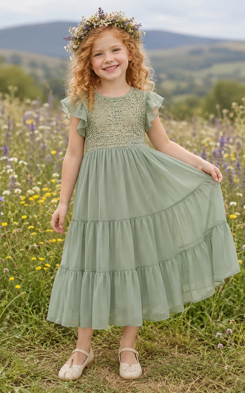 Blumenmädchenkleid aus salbeifarbenem Spitzentüll, A-Linie, kurze Ärmel, Rundhalsausschnitt, Teelänge, Rüschenbesatz, Stufenrock