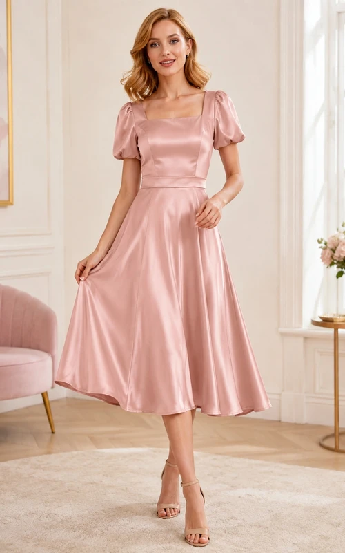 Altrosafarbenes, eckiges Satin-Gästekleid mit Puffärmeln und A-Linien-Schnitt, wadenlang