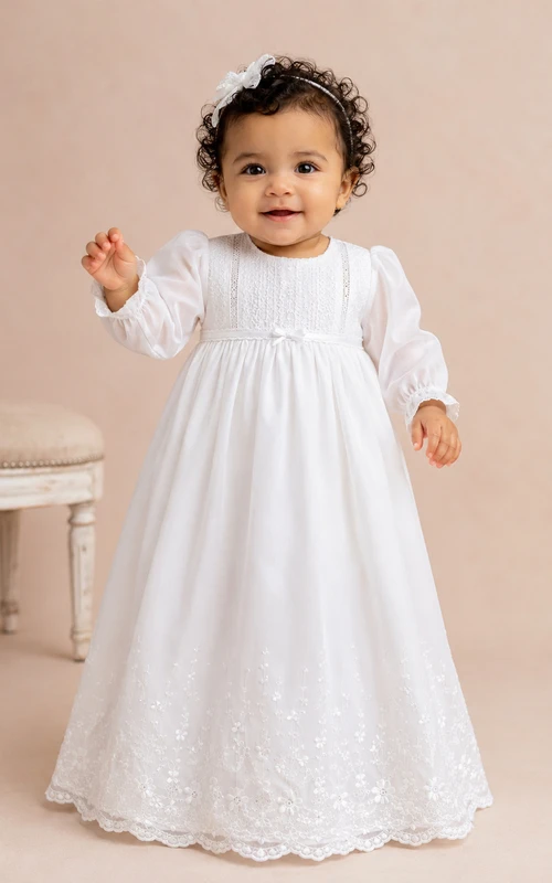 Long Sleeve Baby Christening A-Line Satin Lace Hem Gown Modest