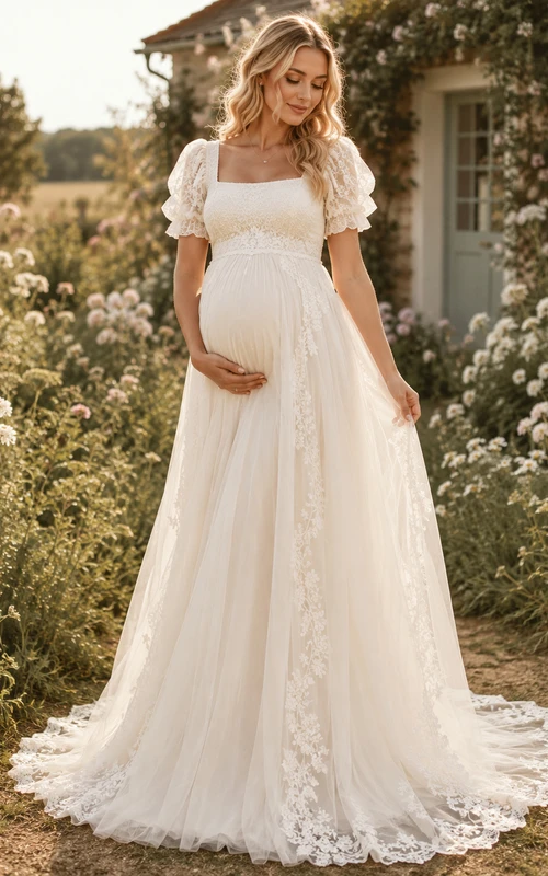 Vestido de novia premamá con escote cuadrado, mangas abullonadas, encaje, corte en A y cola de jardín.