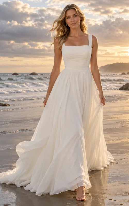 Schlichtes Strandhochzeitskleid mit eckigem Ausschnitt, gerafftem Oberteil und A-Linien-Schleppe aus Georgette.