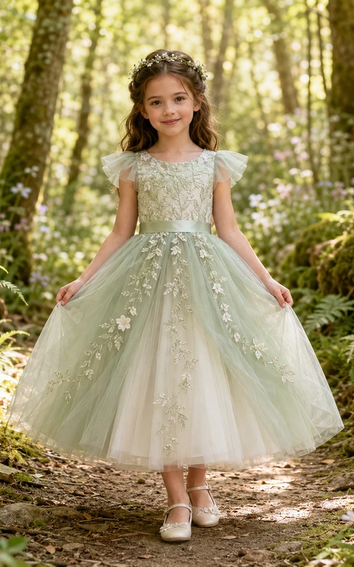 Blumenmädchenkleid aus salbeigrüner Spitze und Tüll, A-Linie, mit flatternden Ärmeln, Rundhalsausschnitt, Teelänge und floraler Applikation