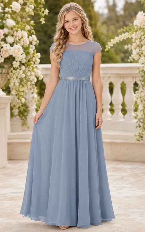 Elegantes, schieferblaues Brautjungfernkleid im A-Linien-Stil mit kurzen Ärmeln und Rundhalsausschnitt.