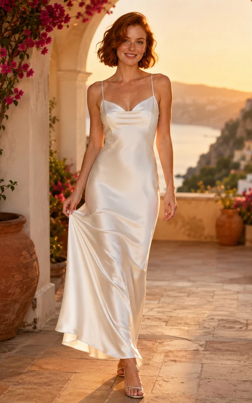 Vestido midi lencero de satén con tirantes finos y escote corazón, ideal para resorts.