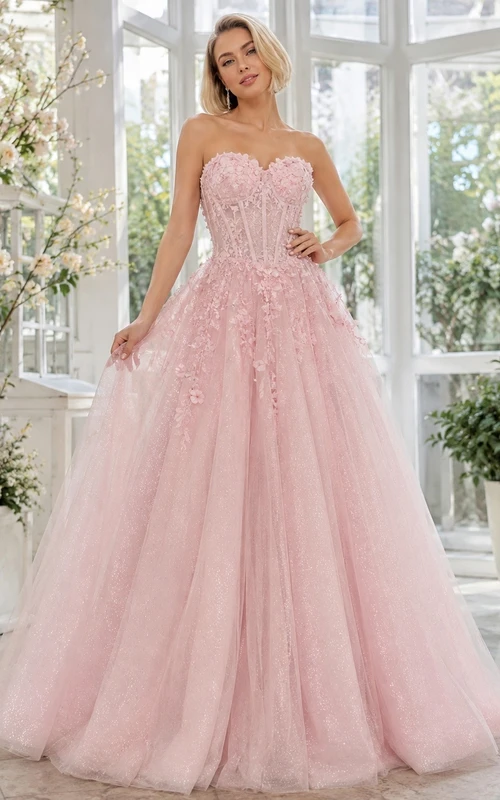 Pearl Pink Beaded Sweetheart Tulle Ball Gown Prom Dress