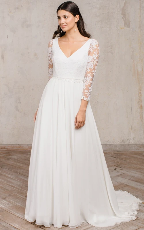Romantisches Chiffon-Brautkleid in A-Linie, bodenlang, mit 3/4-Ärmeln und Raffungen