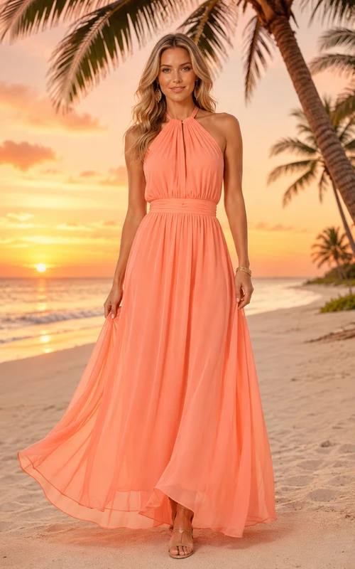 Coral halter pleated chiffon floor length beach guest dress