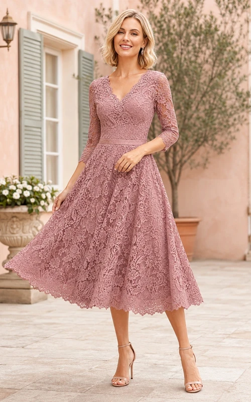 Vintage Dusty Rose Tea-Length Lace A-Line V-Neck Three-Quarter Sleeve Dress