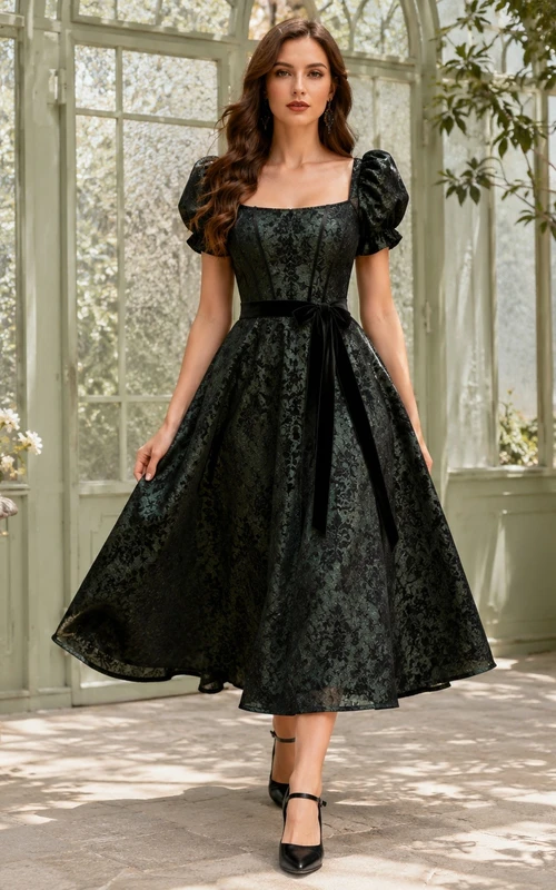 Schwarzes Taftkleid im Gothic-Stil mit eckigem Ausschnitt, Puffärmeln und A-Linien-Schnitt, wadenlang.