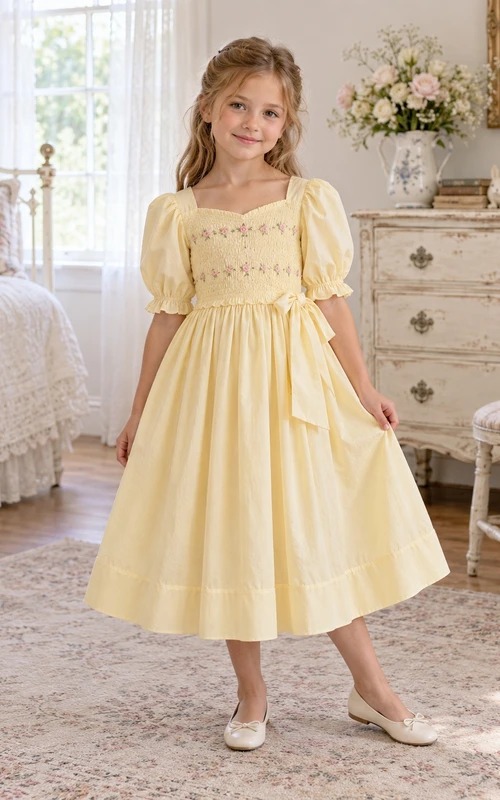 Vestido de niña de flores amarillo de corte A, largo hasta la rodilla, escote cuadrado, mangas abullonadas, corpiño bordado y bajo fruncido con banda.
