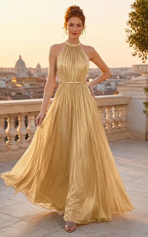 Gold Chiffon Pleated Halter A-Line Floor Length Elegant Evening Gown