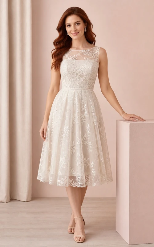 Vintage Teelänge A-Linien-Hochzeitskleid aus Spitze, ärmellos, mit eckigem Ausschnitt