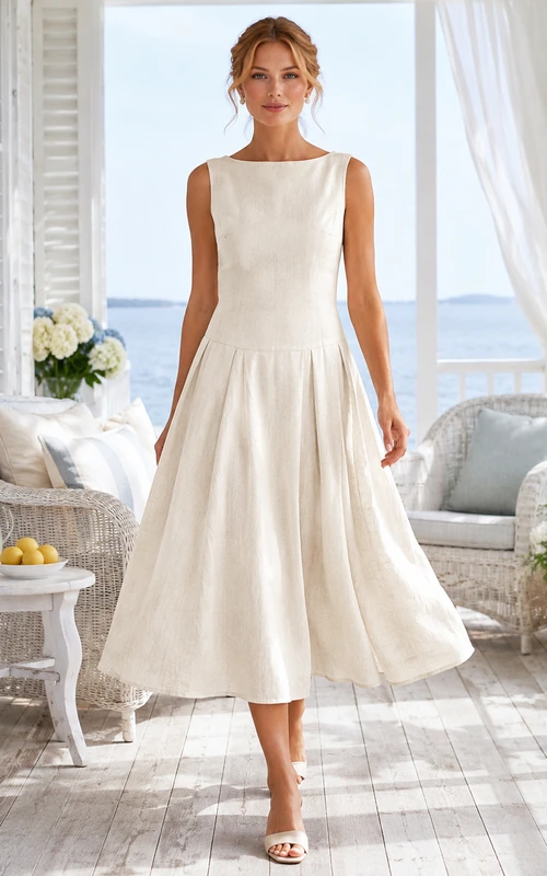 Vestido midi de lino color marfil, sin mangas, con cuello joya y falda acampanada, estilo costero.