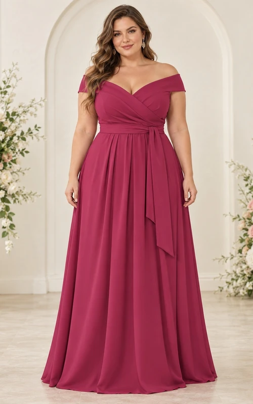Vestido de dama de honor romántico de gasa color frambuesa con hombros descubiertos, fajín fruncido y caída fluida, talla grande.