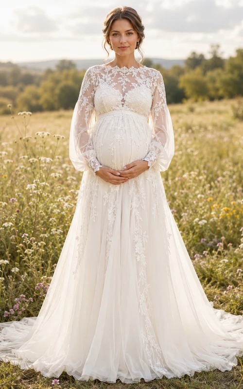 Maternity Wedding Dress High Neck Long Illusion Sleeve Lace Gown with Train
