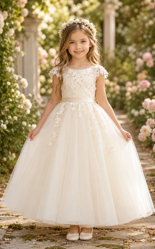 Blumenmädchenkleid, elfenbeinfarbenes Ballkleid aus Spitze und Tüll, kurze Ärmel, Rundhalsausschnitt, Teelänge, Schleifendetail