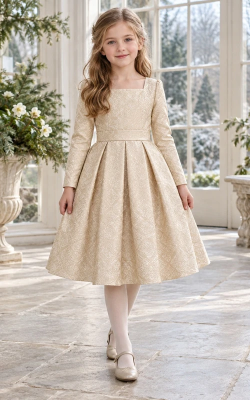 Champagnerfarbenes Blumenmädchenkleid mit eckigem Ausschnitt, langen Ärmeln und Kellerfalten