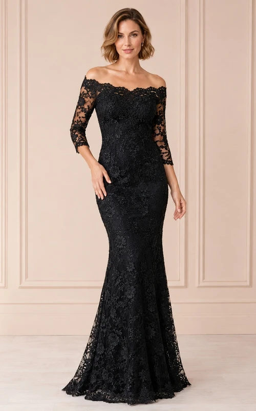 Black Lace Off-Shoulder Long-Sleeve Mermaid Floor-Length Evening Dress