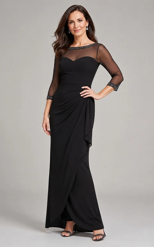 Modest Black Bateau Illusion Sleeve Sheath Floor-Length Evening Dress