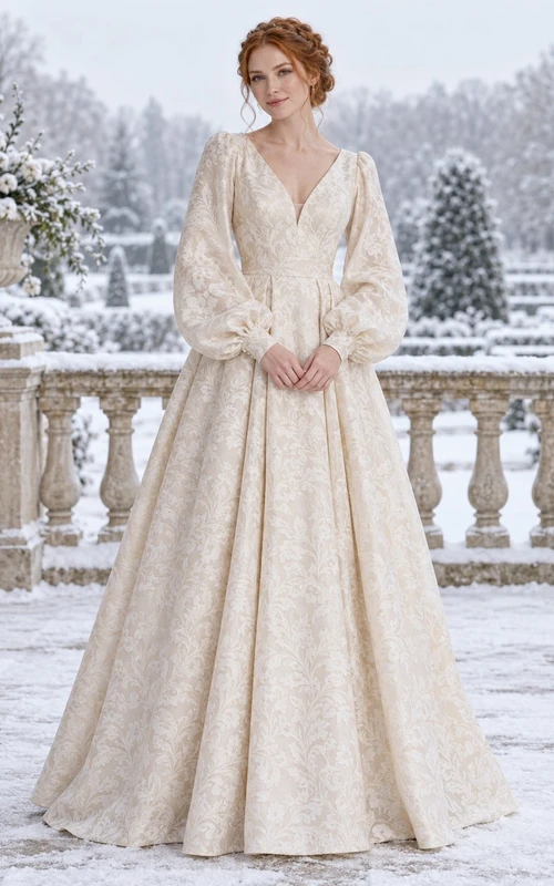 Vestido de novia de corte A con escote en V y mangas abullonadas largas y estampado jacquard floral