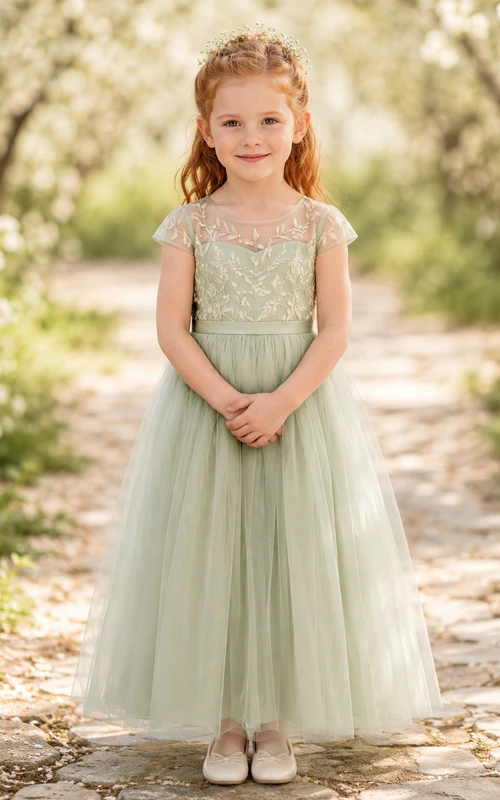 Blumenmädchenkleid aus salbeifarbener Spitze und Tüll, A-Linie, Rundhalsausschnitt, Teelänge