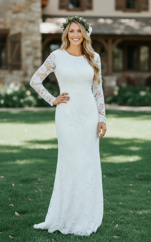 Robe de mariée élégante à manches longues entièrement en dentelle - Robe de mariée fourreau à col rond et col bijou