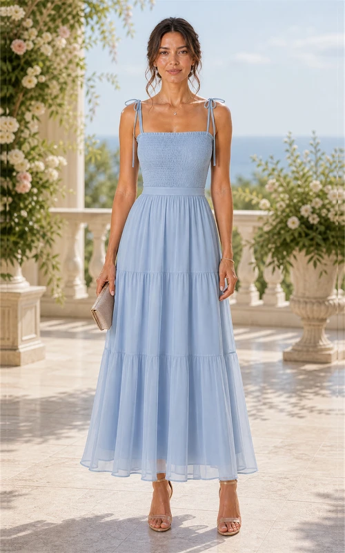 Robe trapèze en mousseline bleu ciel à volants