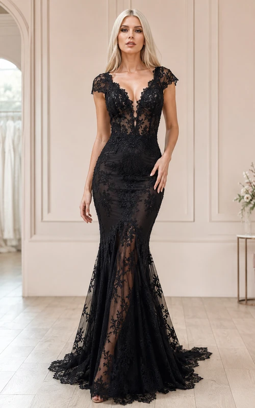 Robe de mariée sirène alternative à décolleté plongeant en V, manches courtes en dentelle