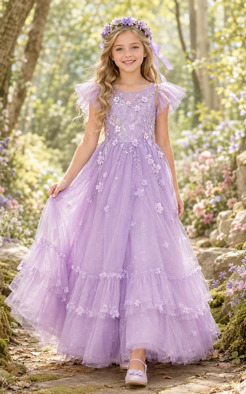 Lavender Tulle A-Line Flower Girl Dress with Short Sleeves, Jewel Neck, Tea-Length Skirt and Bow Detail
