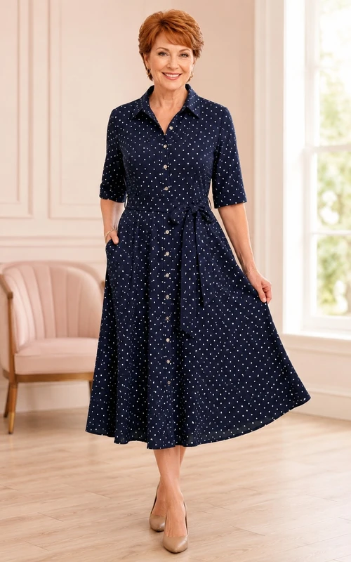 Dark Navy Polka-Dot Chiffon V-Neck Three-Quarter-Sleeve Midi Dress