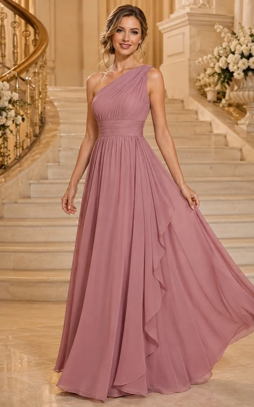 Vestido de noche de gasa color rosa empolvado, sin mangas y de corte en A