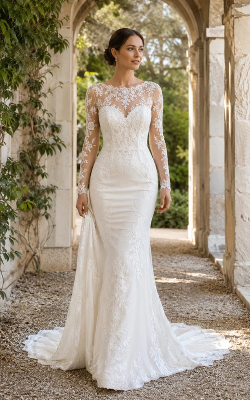Illusion Long Sleeve Lace Mermaid Manor Elopement Bridal Gown
