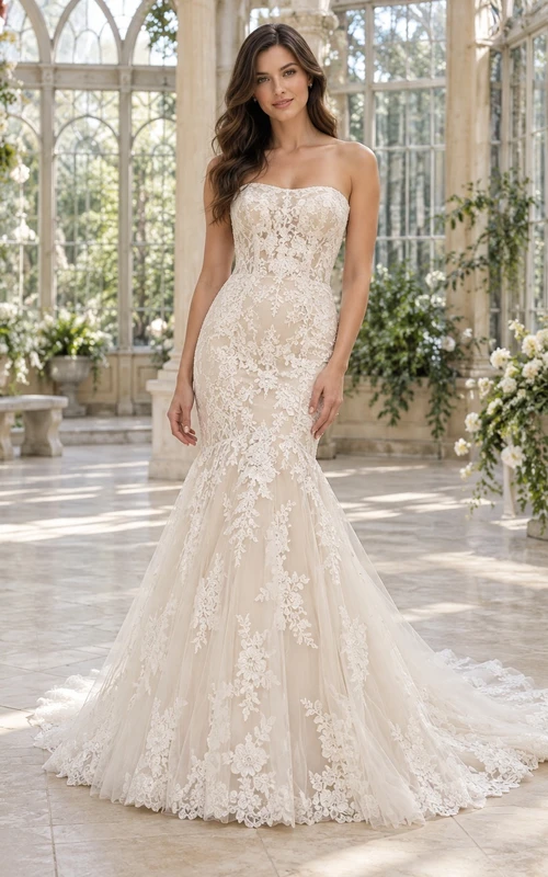 Robe de mariée sirène bustier en dentelle florale champagne festonnée avec traîne chapelle