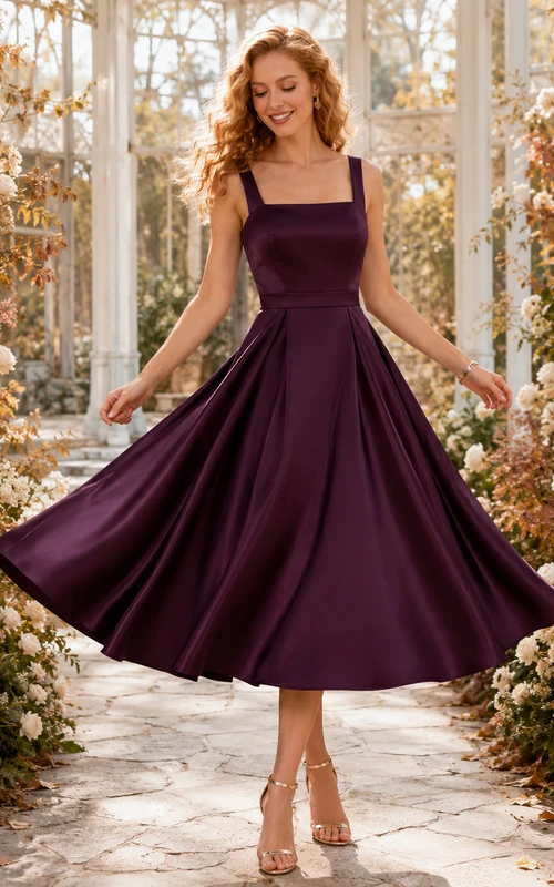 Vestido de invitada largo hasta la rodilla de satén con escote cuadrado color ciruela