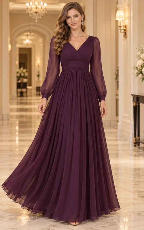 Vestido de noche formal de gasa color ciruela con escote en V, mangas largas transparentes, corpiño fruncido y corte en A, largo hasta el suelo.