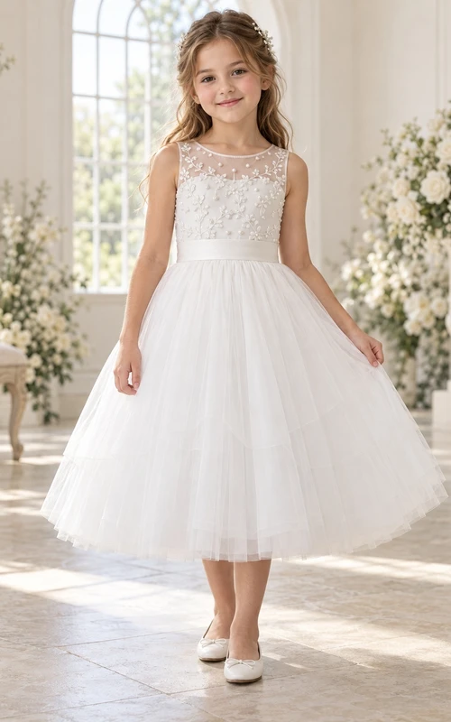 Vestido de niña de flores blanco, modesto, de corte A, con estampado floral, sin mangas y espalda ilusión.