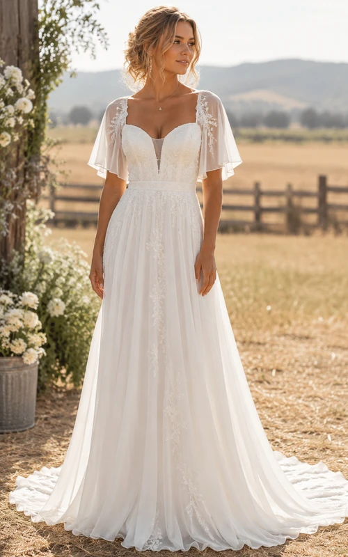 Robe de mariée champêtre trapèze à manches papillon, décolleté plongeant et dos nu