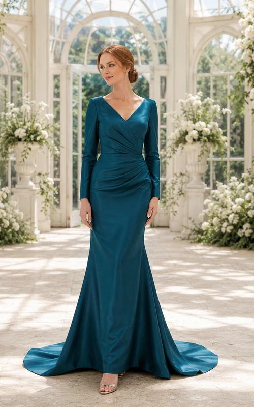 Dunkelpetrolfarbenes, langärmeliges Brautkleid im Meerjungfrauenstil mit V-Ausschnitt, Raffungen und Satinbesatz, bodenlang