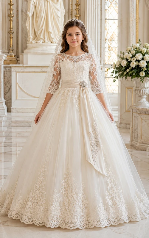 Robe de première communion en tulle ivoire et dentelle à manches longues, avec ceinture drapée