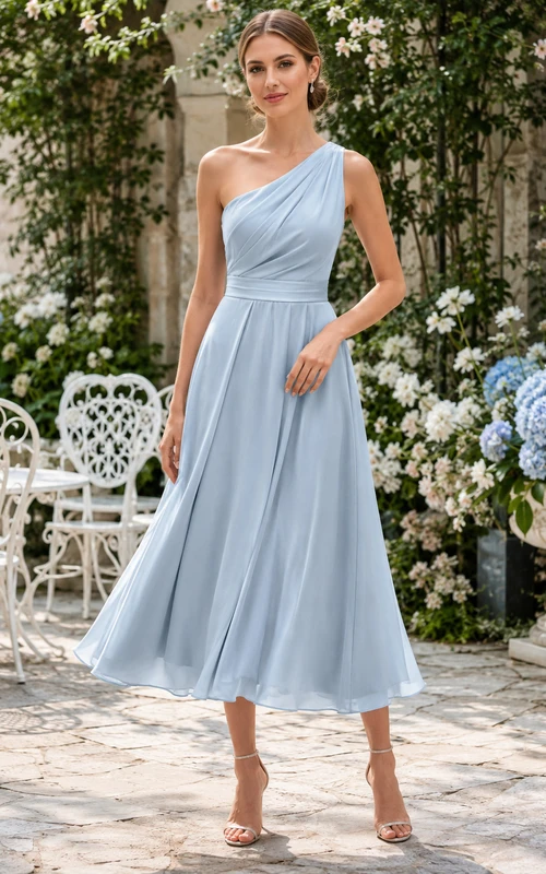 Blue Horizon A-Line Tea-Length One-Shoulder Sleeveless Chiffon Modern Guest Dress