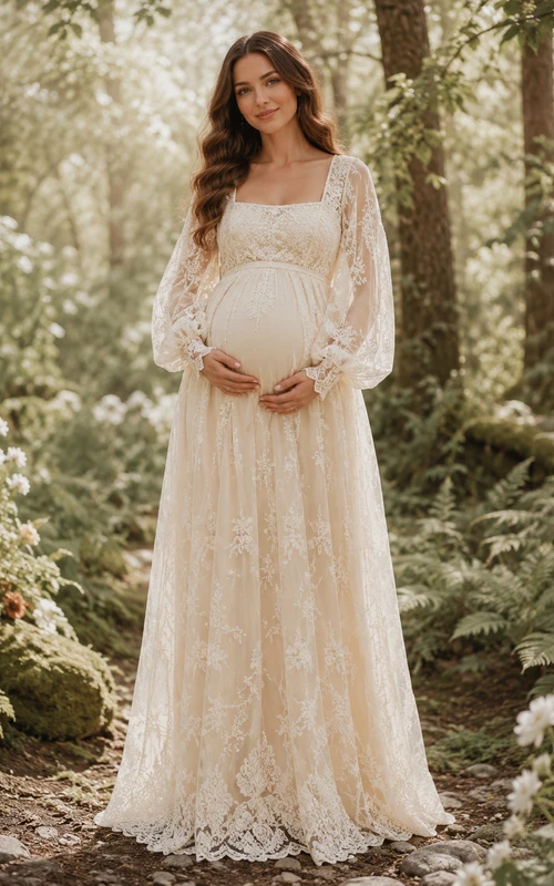 Maternity Wedding Dress Square Neck Long Lace Sleeve Vintage Bridal Gown