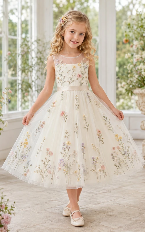 A-Linien-Kleid für Blumenmädchen mit gepressten Blüten, kurzen Ärmeln, botanischen Tülldetails, natürlicher Taille und wadenlangem Rock