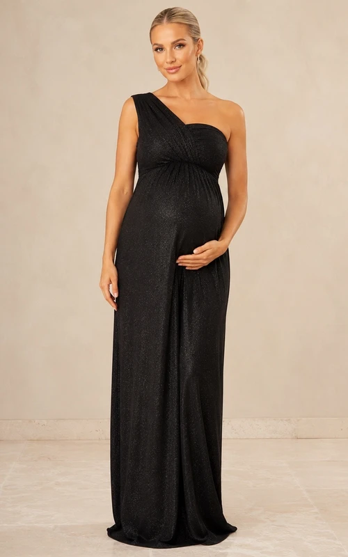 Vestido de maternidad moderno negro de un solo hombro, sin mangas, de punto, largo hasta el suelo.