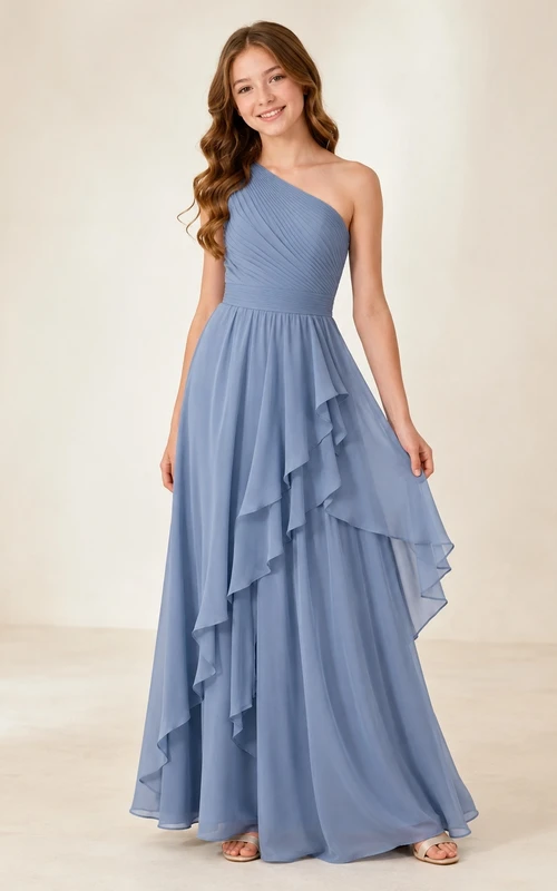 Schieferblaues Brautjungfernkleid für junge Damen, A-Linie, schulterfrei, ärmellos, Chiffon, elegant