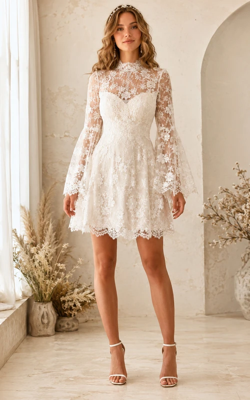 Vestido de novia corto de encaje estilo bohemio con corpiño de cuello alto con efecto ilusión, mangas largas acampanadas y minifalda festoneada.