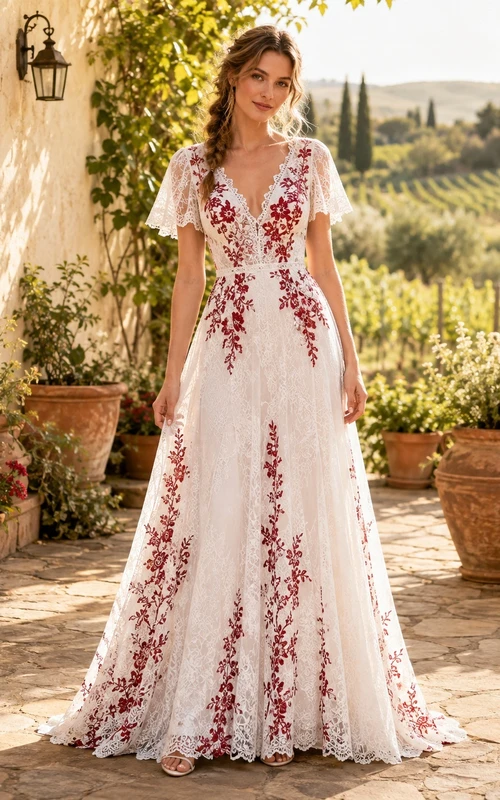 Rotes, geblümtes, kurzärmeliges, bodenlanges A-Linien-Brautkleid im Boho-Stil mit V-Ausschnitt und Spitze