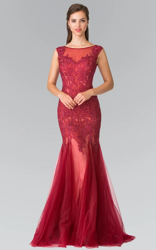 Mermaid Scoop-Neck Sleeveless Tulle Low-V Back Dress With Beading And Appliques