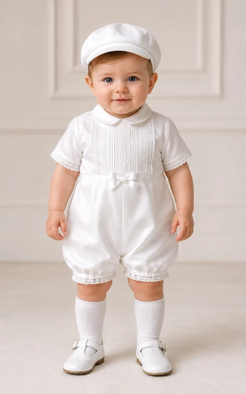 Traje de bautizo para bebé niño, pelele de manga corta de satén, conjunto de bautismo en color blanco.
