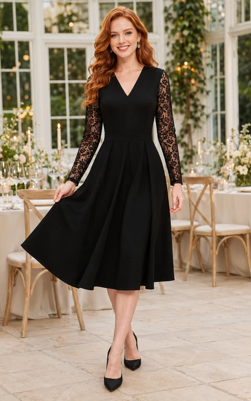Robe de soirée noire à col V et manches en dentelle, coupe ajustée et évasée