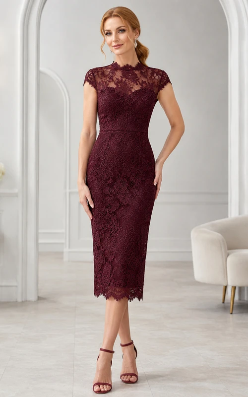 Burgundy High Neck Cap Sleeve Lace Sheath Tea Dress Reception